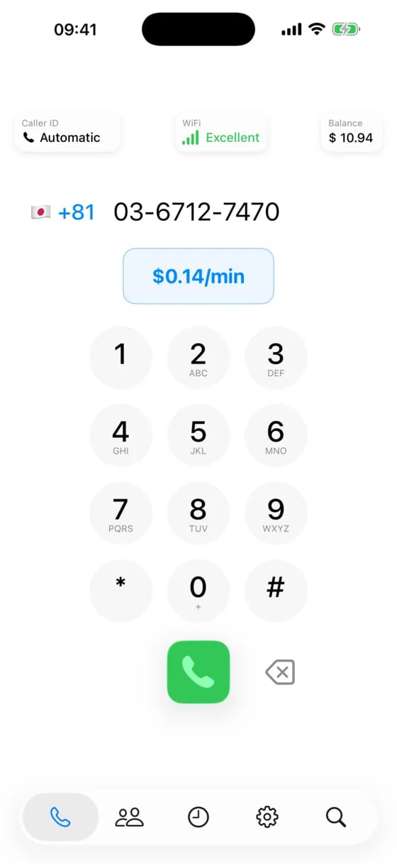 CallSky dial screen with a Japan number entered and the live rate, $0.14 a minute, shown above the keypad