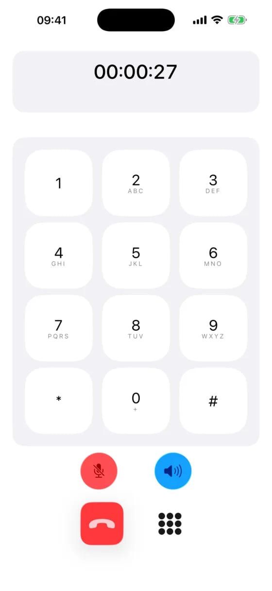 In-call screen with touch-tone keypad, mute and speaker controls during a connected call