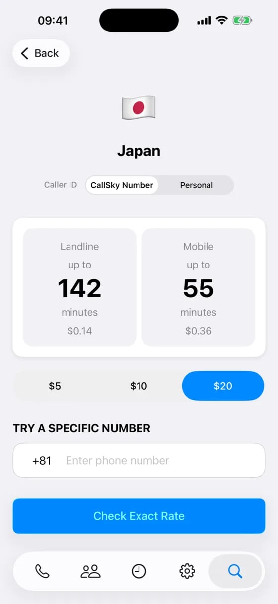 Rate screen for Japan showing how many landline and mobile minutes a $20 top-up buys, with a caller ID toggle