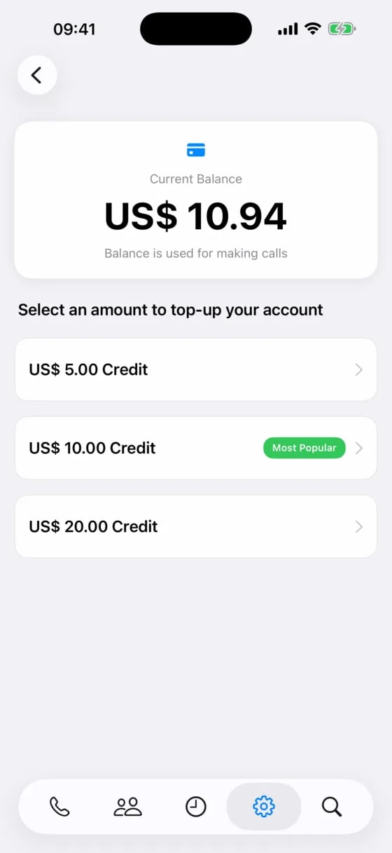 Top-up screen with a $10.94 balance and $5, $10, and $20 credit options